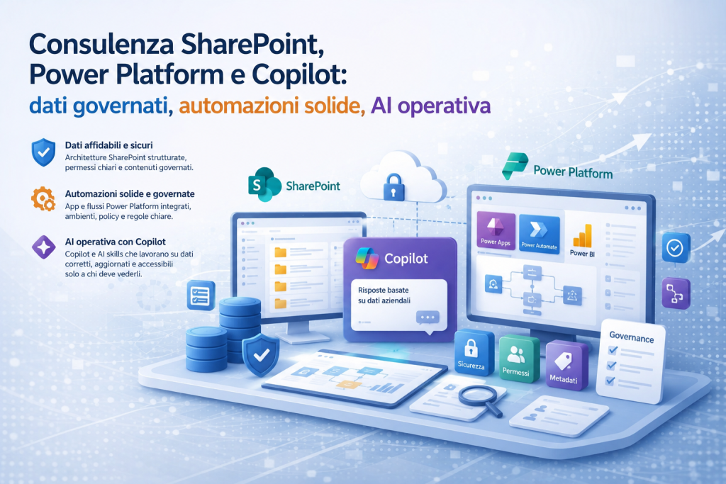 Consulenza SharePoint, Power Platform e Copilot: dati governati, automazioni solide, AI operativa